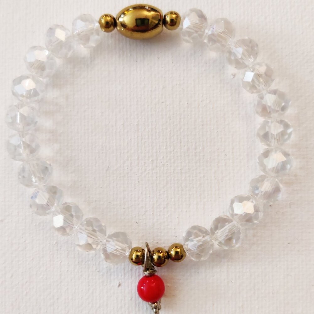 Crystal, coral and gold hematite handmade bracelet